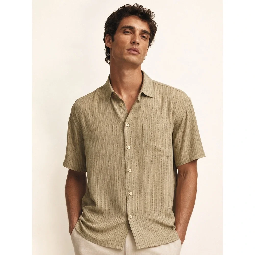 Sette Ponti Silk Shirt Mens XXL Tan Excellent Short Sleeve Striped Button Up